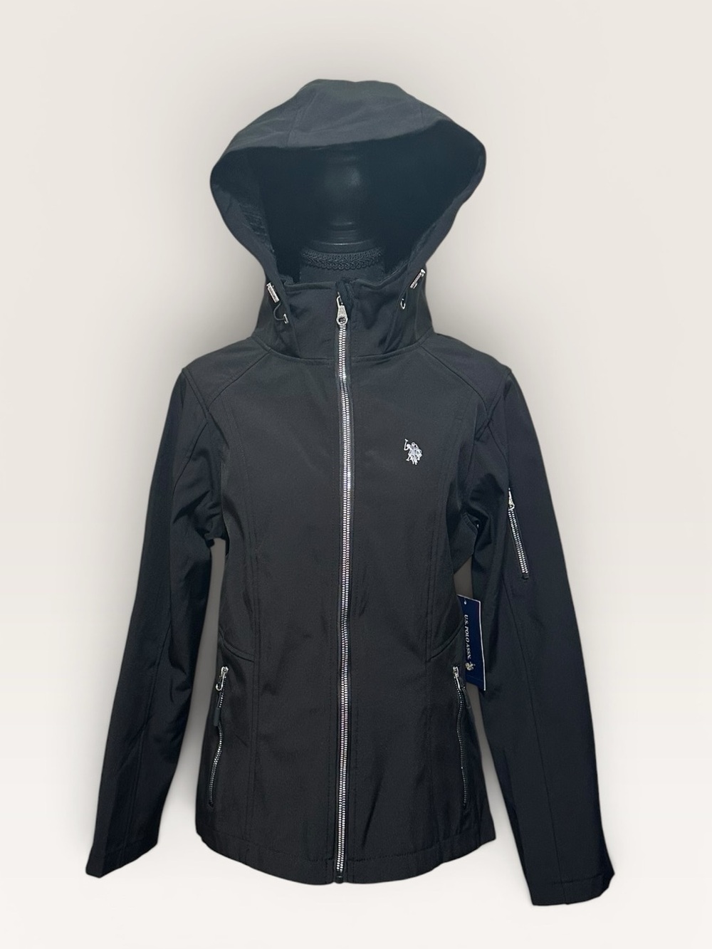 U.S. Polo Assn. Black Hooded Women's Rain Jacket-fleece lined